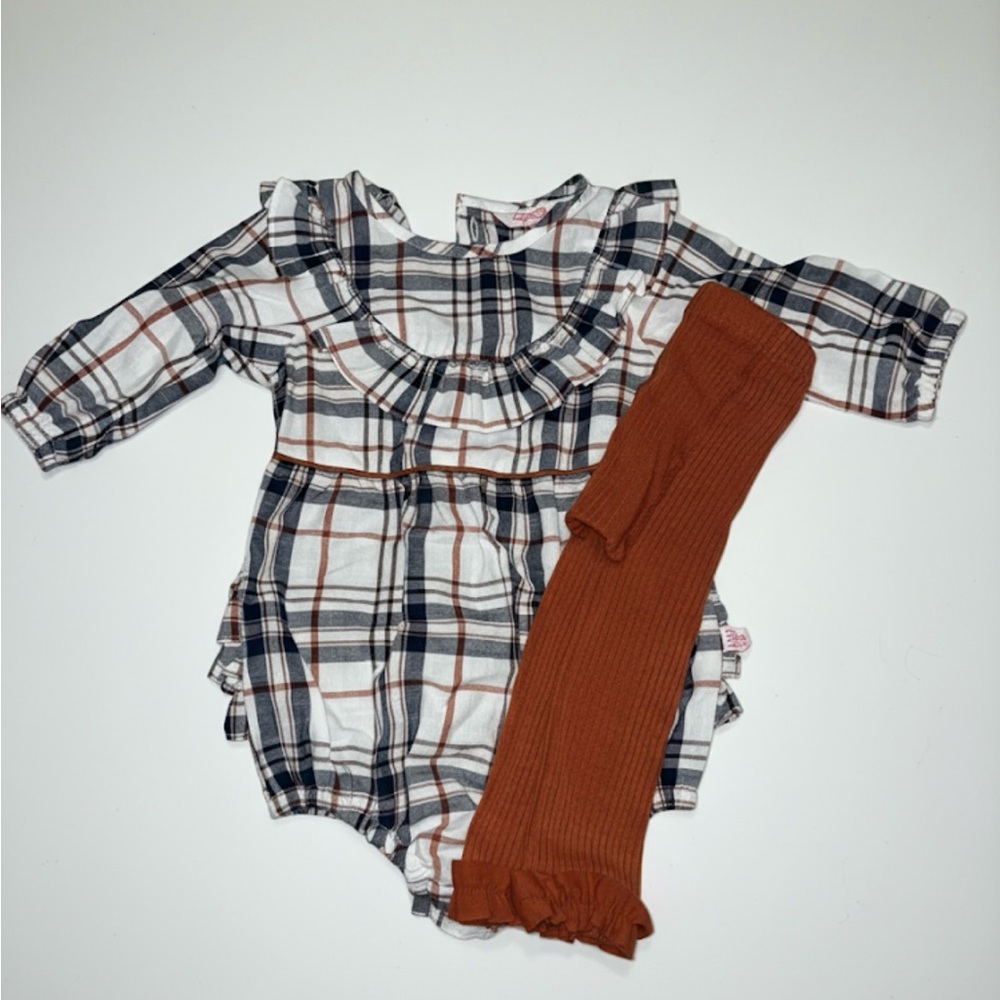 Ruffle Butts Navy and Rust Plaid Romper Matching Set